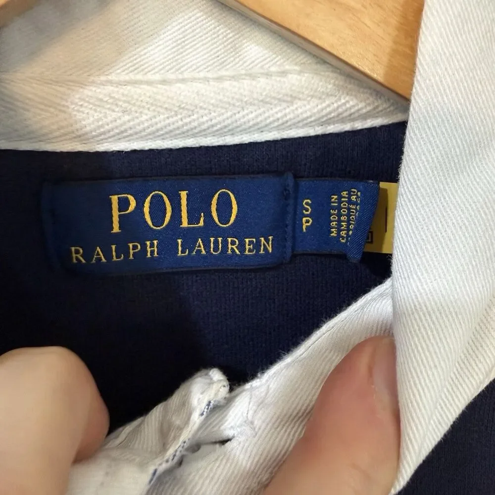 Polo Ralph Lauren Mens Small Navy Solid Classic Fit Fleece Rugby Polo Shirt